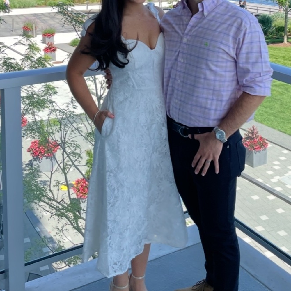 Bridal Shower White Lace Floral Midi Dress with Pockets